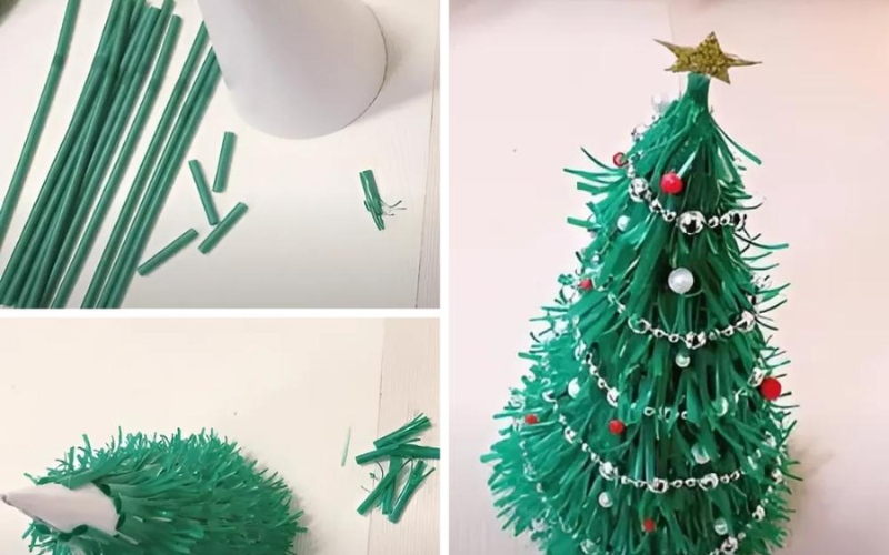 Làm cây thông Noel bằng ly giấy và ống hút
