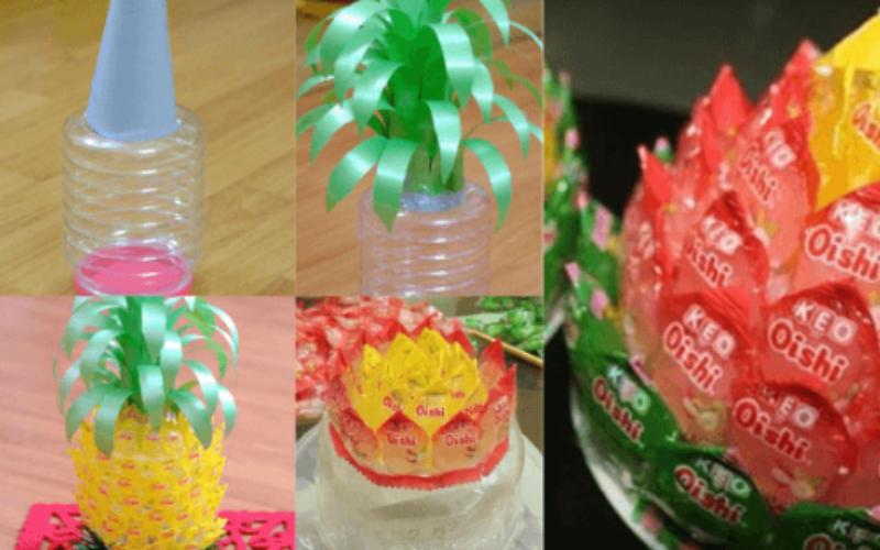 Làm quả dứa trang trí ngày Tết bằng kẹo Oishi